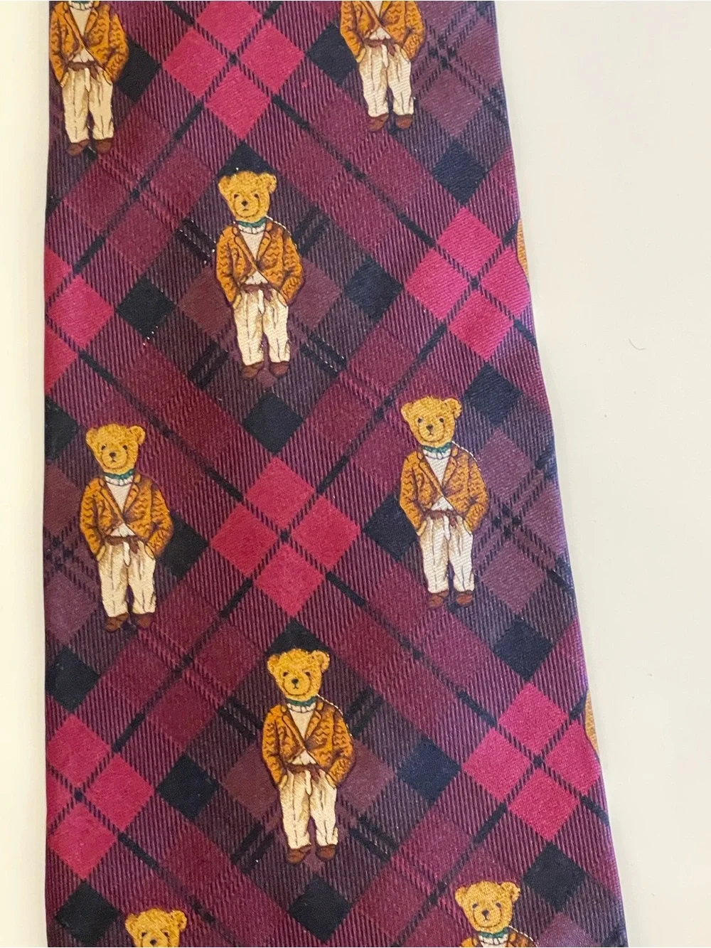 Vtg Polo Ralph Lauren Polo Bear Silk Tie Plaid Burgundy Purple Blazer Rare
